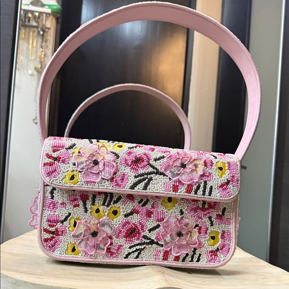 Floral Beaded Handbag - Pink and Yellow